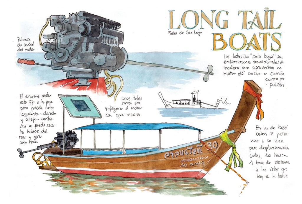 Tailandia cuaderno de viajes con acuarelas Krabi AoNang Long Tail Boats